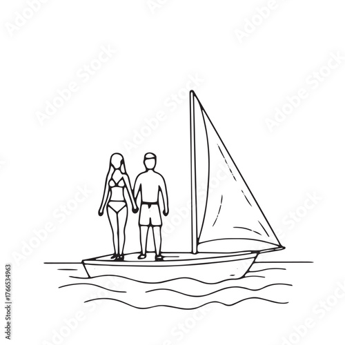 Couple Standing On Sailboat Deck Keywords: beach, ocean, sea, water, waves, summer, vacation