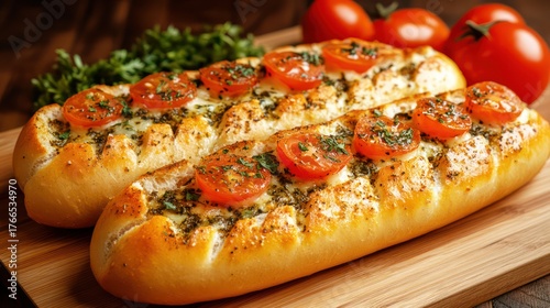 Delicious tomato bread topped with fresh herbs and mozzarella cheese ready for a tasty lunch or dinner on a wooden board in rustic kitchen setting