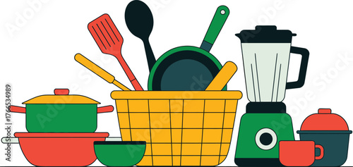 Colorful kitchenware and appliances arranged together