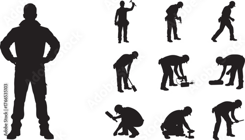 Construction worker silhouette, manual labor pose, industrial task, tool usage, job site action, kneeling position, hammer work, drill motion, team effort, tradesperson stance