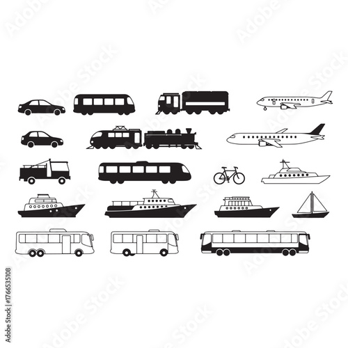Diverse transportation vehicles in silhouette and outline