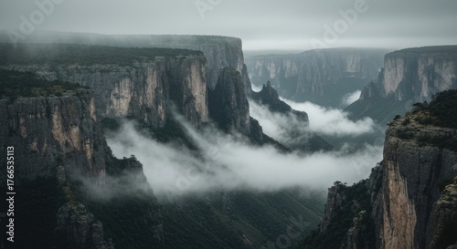 Dramatic view of a deep canyon with towering cliffs, mist, and a moody atmosphere