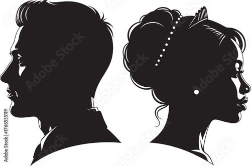 Elegant silhouette, royal profile, tiara hairstyle, formal attire, black and white contrast, fashion pose, classic beauty, vintage style, graceful figure, side view portrait
