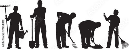 Gardening silhouette workers, outdoor labor, landscaping tools, manual tasks, garden maintenance, rake, shovel, watering can, teamwork, seasonal work, black profile illustration