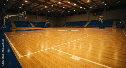 Empty basketball court with bleachers and hoops, lit by overhead lights, wood floor