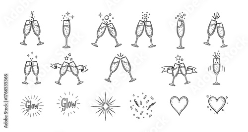 Celebratory hand drawn champagne glasses with decorative elements