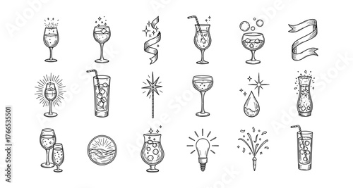 Hand drawn cocktail and drink elements collection with decorative accents