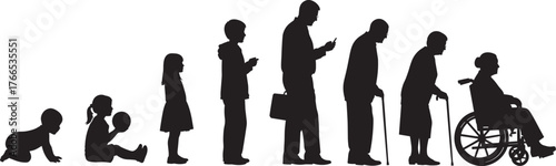 Human life stages, silhouette evolution, aging process, childhood to elderly, mobility changes, technology use, cane support, wheelchair age, family growth, lifestyle transition