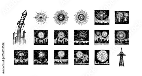 Festive fireworks with cityscape in black and white woodcut style