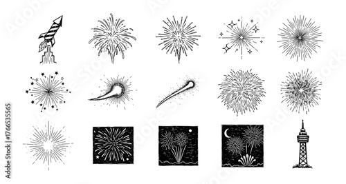 Festive fireworks and sparkles in hand-drawn style with night sky elements