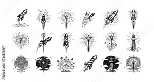 Intricate fireworks and rockets: celebratory monochrome ink designs