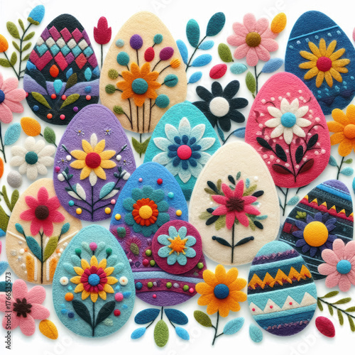 Felt art patchwork, Easter eggs with spring flowers, colorful holiday