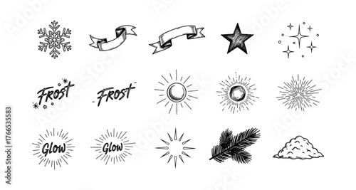 Hand drawn winter elements: frost, snowflakes, and sunburst designs