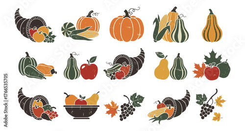 Autumn harvest elements with pumpkins, gourds, and leaves in rustic style