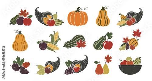 Colorful autumn harvest elements with cornucopia and fruits in a flat style