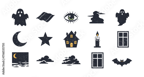 Spooky halloween elements with ghosts, haunted house, and more in vintage style