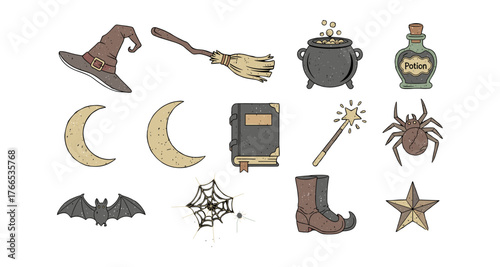 Whimsical halloween magic icons: witch hat, potion, moon, bat, spider