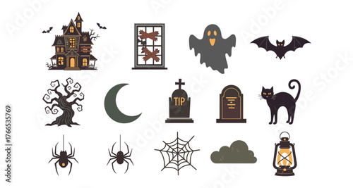 Spooky halloween elements: haunted house, ghost, bat, and more for festive designs