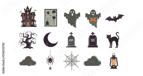 Spooky halloween elements: ghosts, haunted house, and creepy symbols collection