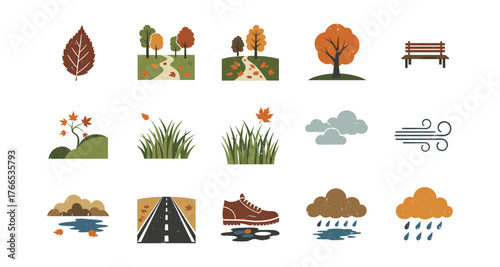 Autumn elements: paths, leaves, and weather icons in flat style