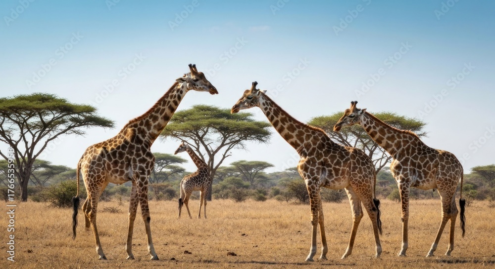 Obraz premium Four giraffes stand in a savanna landscape, with trees scattered and a bright blue sky