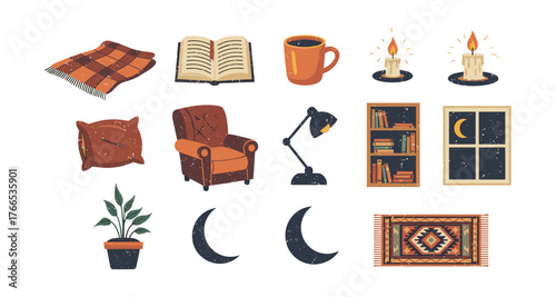 Cozy living room with book, coffee, and candlelight in retro style