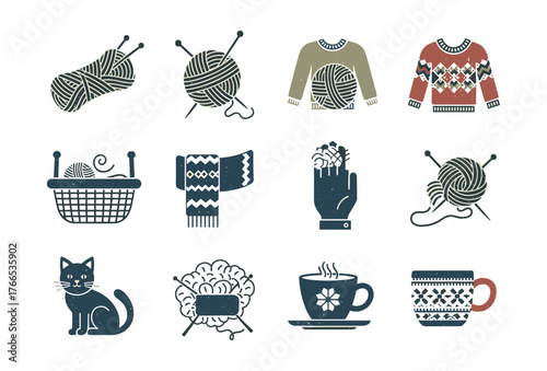 Cozy winter knitting elements with nordic sweaters, yarn, and warm beverages