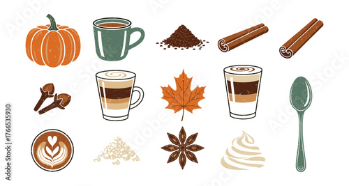 Autumn coffee set with pumpkin, spices, and leaves in flat style