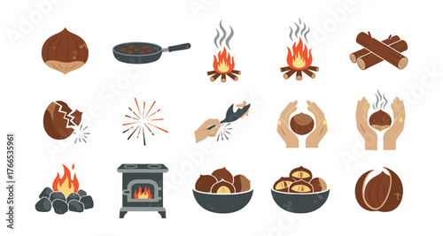Chestnut cooking and roasting icons set for autumn and winter