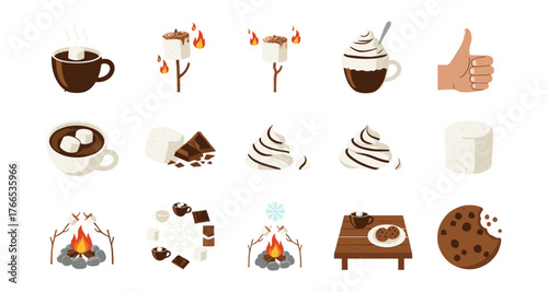 Cozy campfire treats and drinks: hot chocolate, marshmallows, cookies, and more