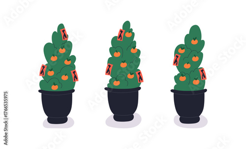 Chinese kumquat money tree with red envelopes. Asian Lunar New Year plant with orange fruits, hongbao in pot. Festive China decoration for luck. Flat vector illustration isolated on white background