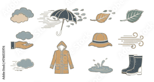 Autumn rain essentials with cozy coats and drizzling umbrellas in hand-drawn style