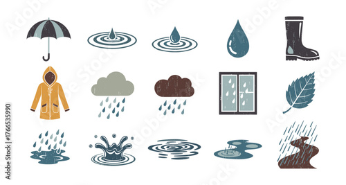 Weather elements icons: rain, clouds, and umbrella in modern flat design