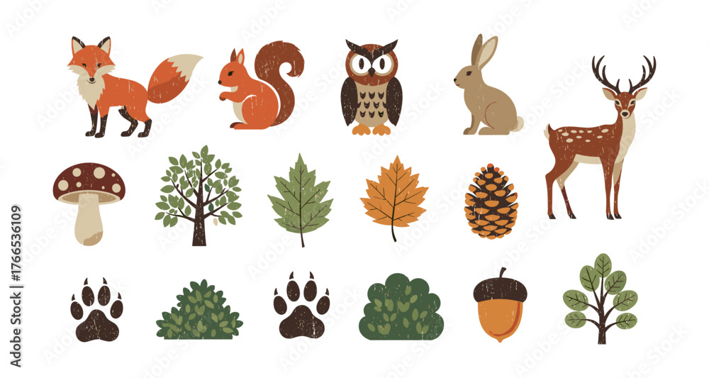 Fototapeta premium Rustic woodland animals and nature elements set