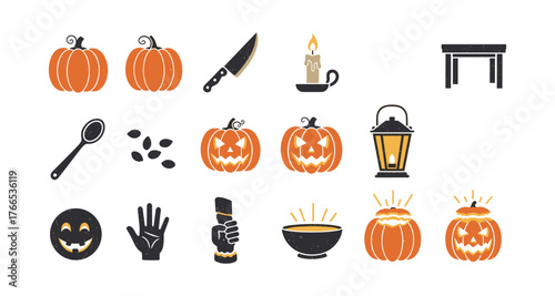 Vintage halloween elements with pumpkins and lantern for spooky decorations