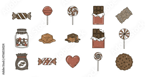 Assorted sweets and chocolate in hand drawn style on white background