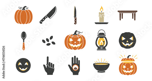 Halloween icons collection: pumpkins, jack-o-lanterns, and spooky tools in rustic style