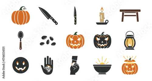Rustic halloween icons: pumpkins, candles, lanterns, and kitchen utensils in a spooky style