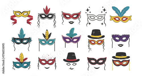 Colorful decorative masks with feathers and hats for festive occasions