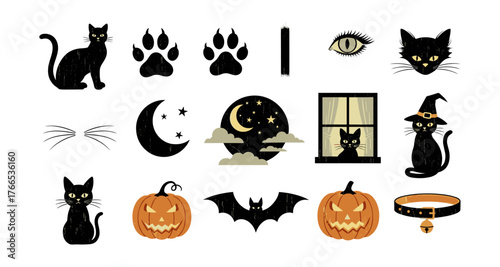 Halloween cat silhouette icons: pumpkins, bats, and moons with spooky black cats