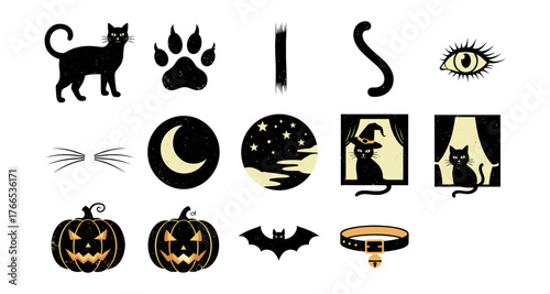 Halloween cat and pumpkin silhouettes with spooky details