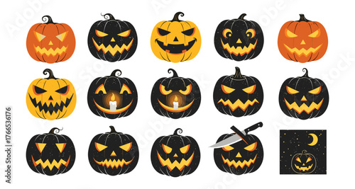 Spooky halloween pumpkin faces collection with knife and moon elements