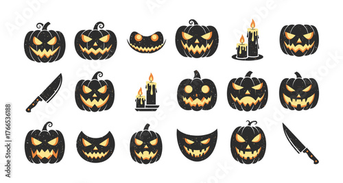 Halloween pumpkin faces and candle icons set
