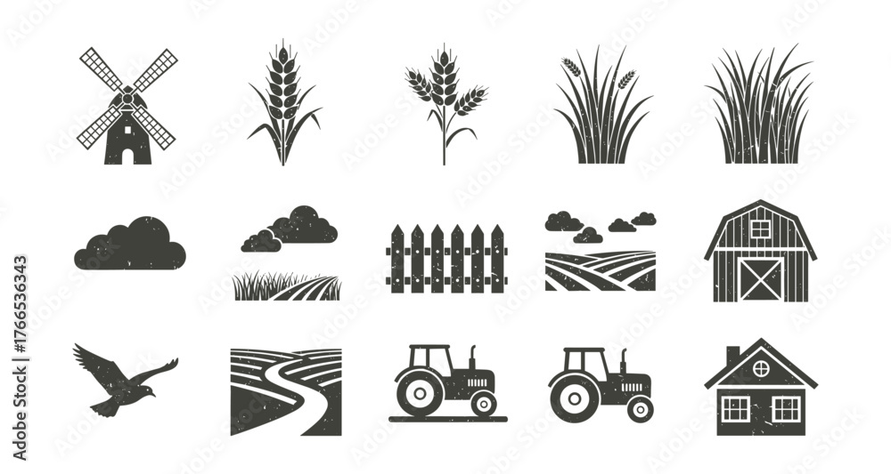Obraz premium Rustic farm elements set featuring windmill, crops, and tractors in black silhouette style