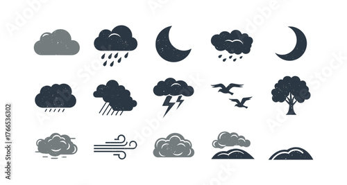 Weather icons set: clouds, rain, moon, storm, wind, birds, trees in minimal grunge style