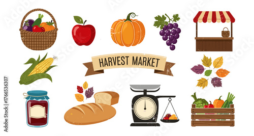 Colorful harvest market design with fruits, vegetables, and autumn elements