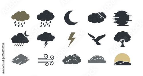 Weather icons set: nature, clouds, sun, moon, and storm elements in flat design