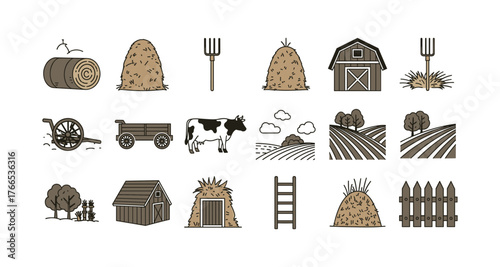 Farm icon set with hay bales, barn, and trees in flat style