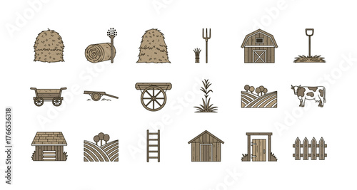 Rustic farm elements set featuring barn, haystacks, cow, and tools in linear style