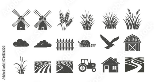 Rustic farm icons set featuring windmills, crops, and farm animals in monochrome style
